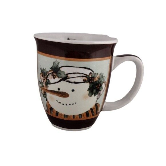 Snowman Coffee Mug Tea Cup Holiday Christmas Holly Scarf White Brown Read - Picture 1 of 7